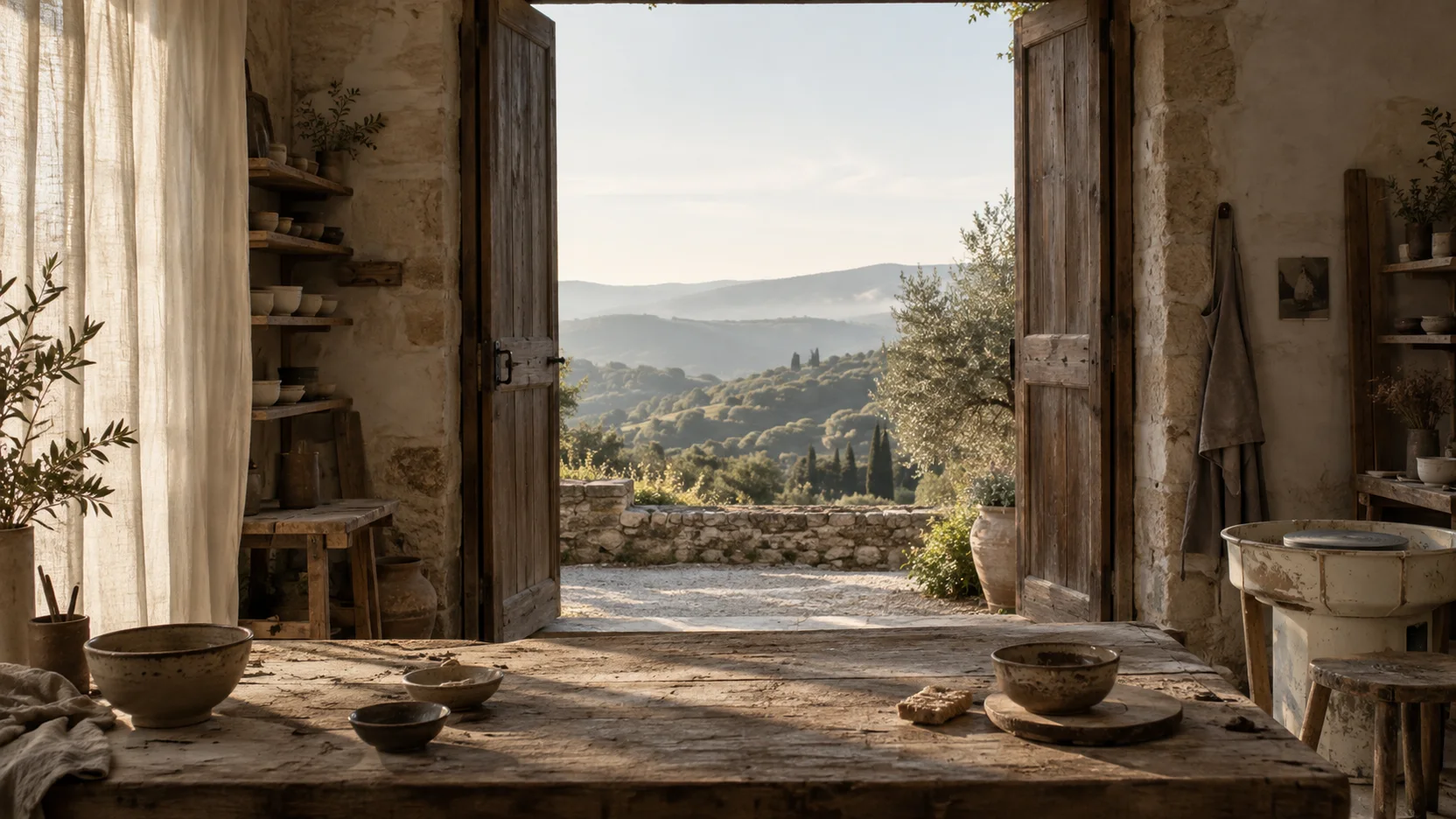 A ceramic atelier opening onto olive hills